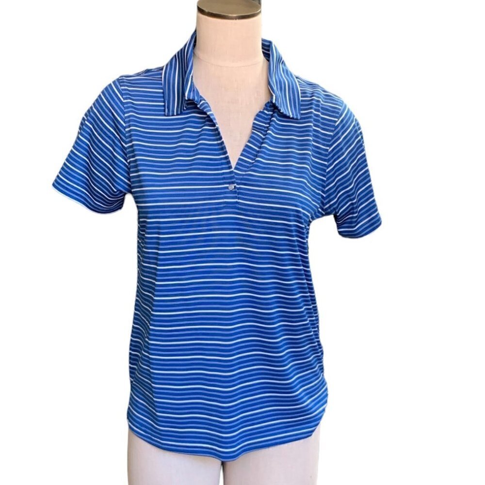 Pebble Beach Performance Golf Polo Shirt Pearl Snap W Sz L Blue‎ Striped #355H